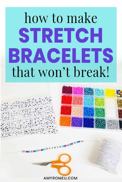 Learn How to Make Stretch Bracelets That Won't Break with this easy letter bead bracelet hack! How To Start A Bracelet With Beads, Stretch Bracelets Diy Tutorials, Stretchy Bracelet Ideas, Homemade Bracelets With Seed Beads, Diy Stretch Bracelets Ideas, Diy Clay Bead Bracelets Tutorials, How To Make Stretch Bracelets, Diy Stretchy Bracelets, Glass Bead Bracelet Tutorial