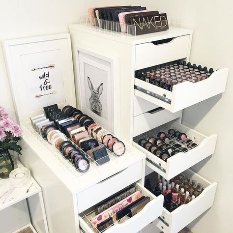 Genius Ikea Hacks For Organizing Your Makeup | The Zoe Report Organized Makeup, Rangement Makeup, Penyimpanan Makeup, Makeup Station, Ikea Alex, Vanity Room, Casa Vintage, Makeup Product, Beauty Storage