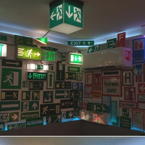 eccö on Instagram: "Collection of Exit and Fire safety signs" Jazz Moodboard, Fire Exit Ladder Design, Safety Aesthetic, Emergency Exit Stairs, Exit Sign Aesthetic, Neon Exit Sign, Fire Exit Sign, Vintage Exit Sign, Sign Aesthetic