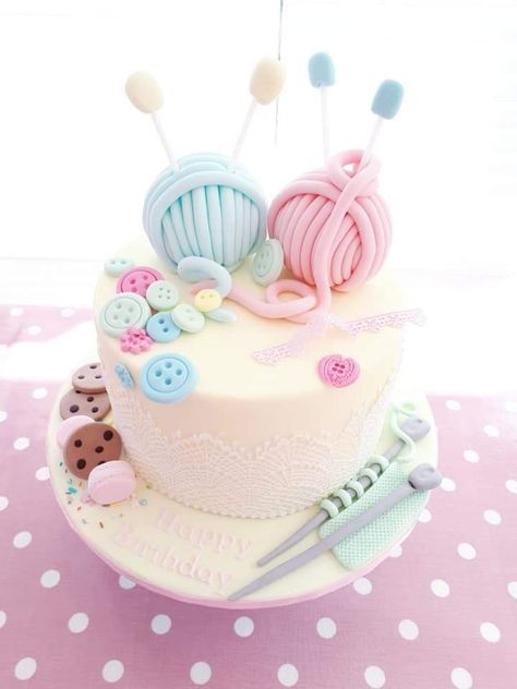 Knitting themed cake Knitting Cakes Ideas, Knitting Themed Cakes, Crochet Themed Cake, Crochet Cake Birthday, Birthday Cake Wine, Knitting Party, Retirement Party Cakes, Knitting Cake, Sewing Cake