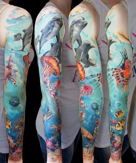 20 Realistic Nature Tattoo Sleeves | Tattoodo Nature Tattoo Sleeve Women, Natur Tattoo Arm, Sea Life Tattoos, Underwater Tattoo, Ocean Sleeve Tattoos, Ocean Sleeve, Dolphins Tattoo, Nature Tattoo Sleeve, Petit Tattoo