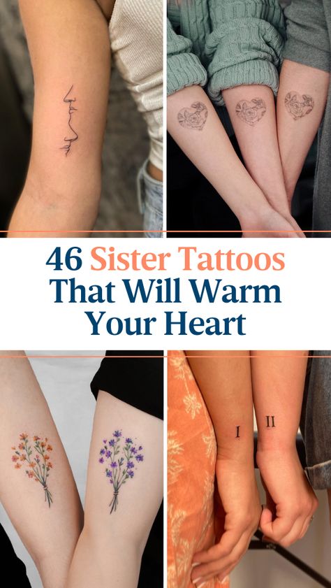 46 Sister Tattoos That Will Warm Your Heart Twin Sister Tattoos, Three Sister Tattoos, Siblings Tattoo For 3, Niece Tattoo, Soul Sister Tattoos, Unique Sister Tattoos, Matching Tattoos For Siblings, Cousin Tattoos, Small Sister Tattoos