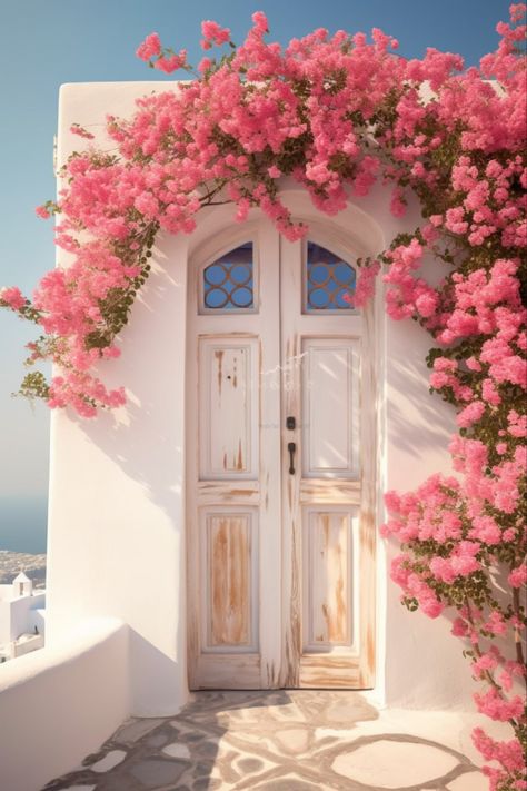 Greece Background Aesthetic, Greek House Aesthetic, Greek Pink Aesthetic, Greek Doors, Greek Door Painting, Tan Salon, Greece Pink Flowers, Greece Flowers Bougainvillea, Greece Wallpaper