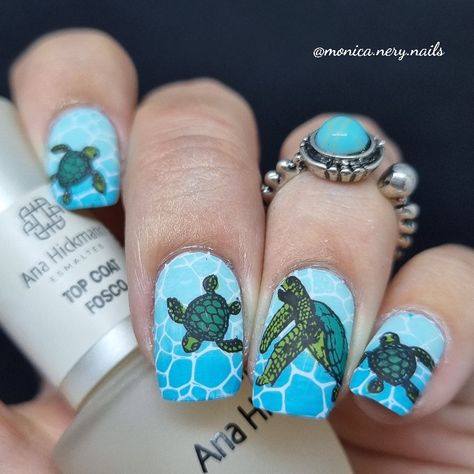 Fishing Nail Art, Turtle Nail Ideas, Turtle Nail Art Designs, Sting Ray Nails, Nails With Turtles, Turtle Nails Design, Sea Turtle Nail Art, Sea Turtle Nails, Turtle Nail Designs