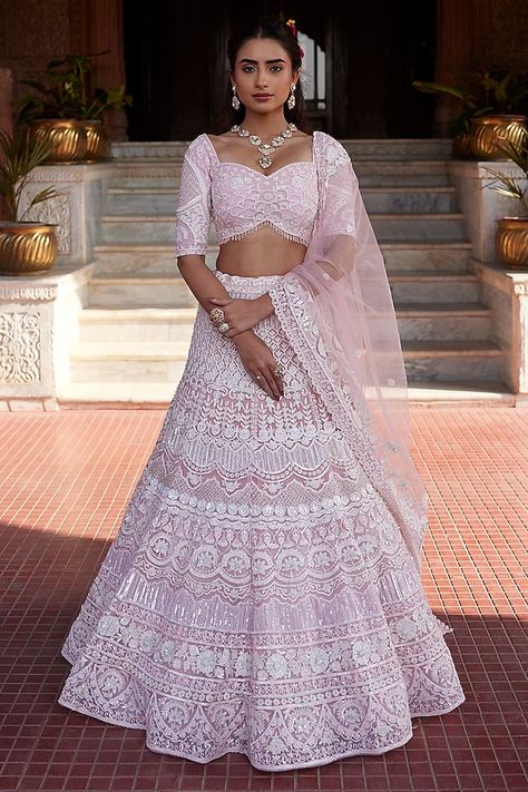 Pearl Lehenga, Lilac Lehenga, Hand Embroidered Blouse, Lehenga Dupatta, Desi Outfits, Cutout Blouse, Indian Wedding Wear, Indian Gowns, Purple Blouse