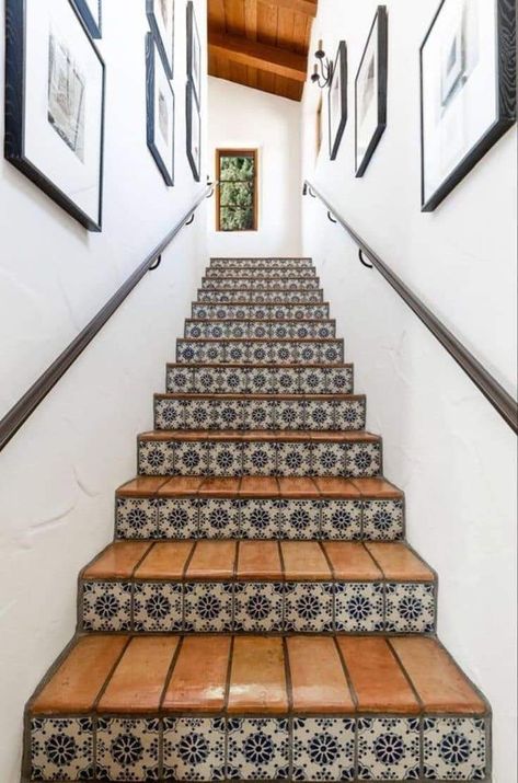 Tiled Staircase, Hacienda Style Homes, House Interior Design Styles, Staircase Remodel, Tile Stairs, Spanish Style Home, Santa Ynez, Spanish Style Homes, Spanish Revival