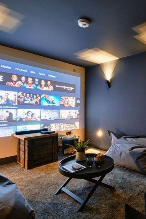 Snug Cinema Room, Small Space Movie Room, Spare Bedroom Movie Room, Lazy Room Ideas, Mini Hangout Room, Video Projector Living Room, Diy Cinema Room, Cosy Games Room, Movie Family Room