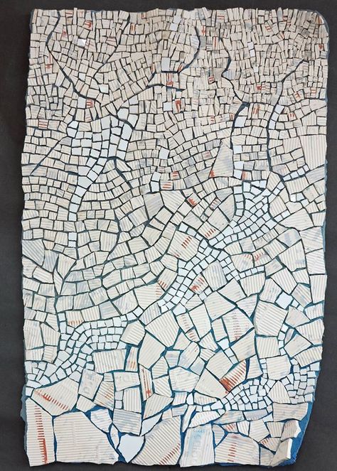 Marion Shapiro Mosaics. Rescued. 2015. Broken Tile Mosaic, Cartography Art, Eggshell Mosaic, Patchwork Tiles, Modern Mosaics, Mosaic Murals, White Mosaic, Handmade Ceramic Tiles, Texture Inspiration