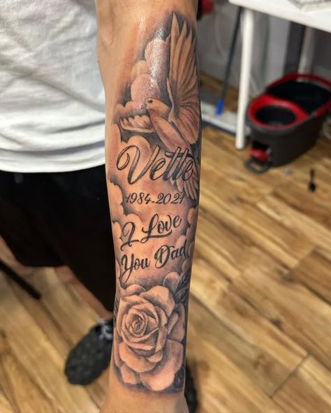 Arm Memorial Tattoos, Memorial Sleeve Tattoo For Men, Tattoo Ideas For A Loved One Who Passed, Memorial Hand Tattoos, Dead Family Member Tattoo, Deceased Loved Ones Tattoos, Moms Tattoo Ideas, Tattoo Ideas For Brother Who Passed, Tattoo Remembering Loved Ones