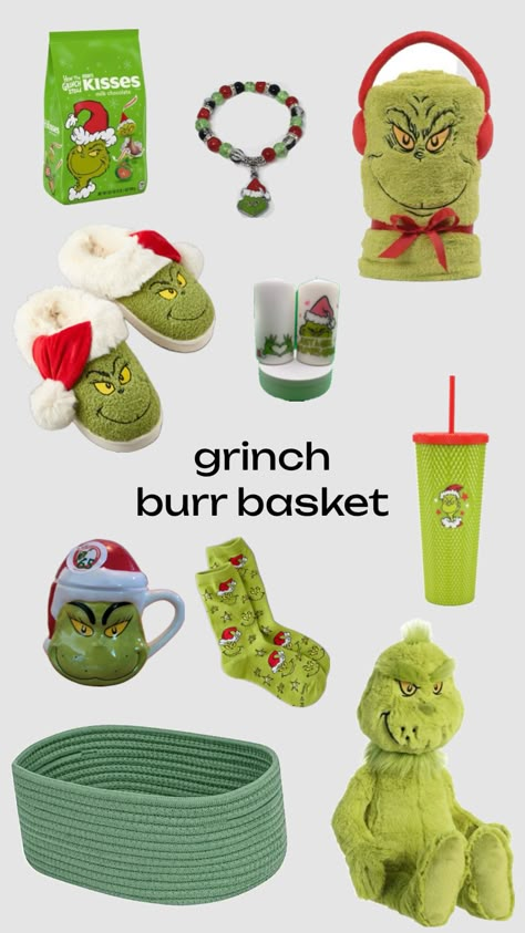 grinch burr basket ! #christmas #burrbasket #grinch #burrbasketinspo Xmas Gift Baskets, Christmas Basket Ideas, Grinch Decor, Snow Is Falling, Basket Christmas, Grinch Party, Christmas Basket, What I Want For Christmas, Cute Pajama Sets