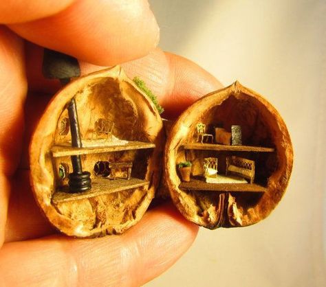 Tiny Fairy House, Walnut Shell Crafts, Shadowbox Art, Hantverk Diy, Tiny Fairy, Fairy Furniture, Walnut Shell, Tiny World, Fairy Doors