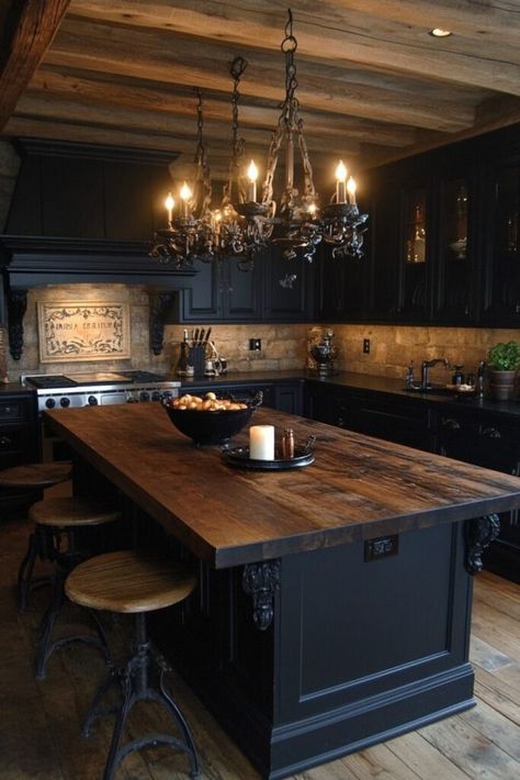 Gothic Inspired Home Decor, Haunted Mansion Kitchen, Victoria Home Decor, Dark Gothic Kitchen, Dark Gothic House Aesthetic, Gothic Rustic Home, Dark Decor Kitchen, Gothic Home Accessories, Gothic Style Houses Interior