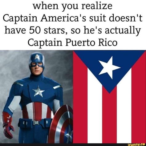 when you realize Captain America's suit doesn't have 50 stars, so he's actually Captain Puerto Rico – popular memes on the site iFunny.co #captainamerica #movies #realize #captain #americas #suit #doesnt #stars #hes #actually #puerto #rico #pic Facepalm Meme, Avengers Humor, Captain America Suit, Funny Marvel, Funny Marvel Memes, Funny Random, Dc Memes, Avengers Memes, Scene Emo