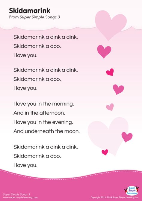 Skidamarink Lyrics Poster - Super Simple Valentine's Songs For Toddlers, Mothers Day Songs For Toddlers, February Songs For Preschool, Valentines Day Songs For Toddlers, Skidamarink Song, Kids Songs Lyrics, Valentines Songs, Valentines Songs For Kids, Prek Songs