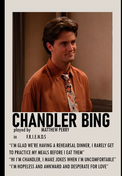 Chandler Bing Aesthetic, Chandler Bing Quotes, Friends Polaroid, Friends Chandler, Movie Character Posters, Minimalist Polaroid Poster, Chandler Friends, Friends Tv Quotes, Friends Scenes