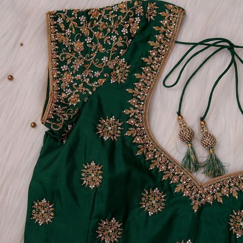 To get your outfit customized visit us at Srinithi In Style Boutique Madinaguda Hyderabad WhatsApp/Call : +919059019000 / or mail us at srinithiboutiquee@gmail.com for appointments, online order and further details... Worldwide Shipping Avalible Blouse Designs Aari Work, Green Blouse Designs, Blouse Maggam Work, Work Blouse Designs, Maggam Blouse, Latest Bridal Blouse Designs, Maggam Work Blouse, Pattu Saree Blouse Designs, Traditional Blouse Designs