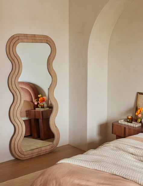 Boho Mirror Bedroom, Diy Curved Mirror Frame, Abstract Shape Mirror, Wavy Wooden Mirror, White Wavy Mirror, Mirror In Frame, Cute Full Length Mirror, Unique Floor Mirror, Swirly Mirror