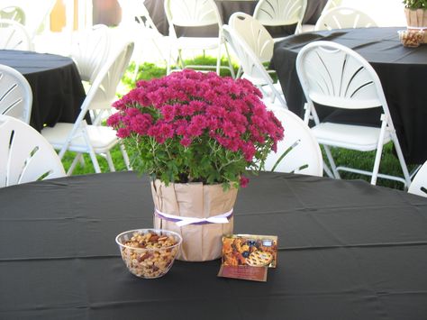 Simple fall outdoor reception centerpieces...mums wrapped in paper sacks, tied with ribbon. Small Mum Centerpiece, Mums Centerpiece, Potted Mums, Paper Sack, 90th Birthday Parties, Hydrangea Centerpiece, 90's Birthday Party, Reception Centerpieces, Outdoor Reception