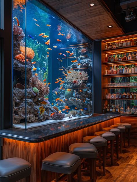 Aquarium Cafe Interior Design, Luxury Aquariums Home, Aquarium Fish Tank Living Rooms, Fish Tank Themes Creative, Big Aquarium Living Rooms, Giant Fish Tank, Unique Aquariums, Home Aquarium Ideas, Aquarium Bar