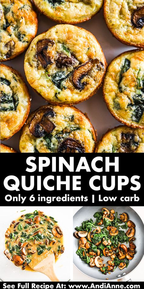 These spinach quiche muffins are the easiest breakfast prep with a base of eggs, savory spinach, and sliced mushrooms. Grated parmesan and a few spices make these quiche cups very flavorful! Egg Spinach Mushroom Breakfast, Spinach Quiche Muffins, Spinach And Mushroom Egg Cups, Muffin Size Quiche, Muffin Quiche Recipes Crustless, Breakfast Quiche Muffins Egg Cups, Mini Spinach Quiche Recipes Easy, Eggs Spinach Mushrooms, Mini Quiche Recipes Crustless