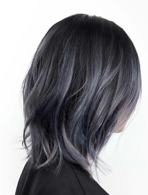 Gunmetal Hair Color, Blue Grey Highlights On Dark Hair, Short Dark Grey Hair, Blue Gray Highlights On Dark Hair, Dark Grey Highlights On Dark Hair, Dark Gray Short Hair, Dark Grey Hair Color, Dark Silver Hair, Grey Ombre Hair