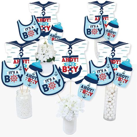 Ahoy! It's a Boy Baby Shower Centerpieces #ahoyitsaboy #babyshower #nauticalbirthday #nauticalbabyshower #treattable #desserttable #eventplanner #nauticaltheme #babyshowerideas #houstoneventplanner #stepandrepeats #supportsmallbusiness #stepandrepeatbanner #stepandrepeatbackdrops #stepandrepeat #tablebanner #oceantheme #sailor #ahoy #anchor Boy Baby Shower Table, Candy Buffet Baby Shower, Dog Baby Shower, Boy Baby Shower Centerpieces, Nautical Table, Ahoy Its A Boy, Blue Centerpieces, Baby Shower Candy, Party Themes For Boys