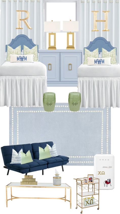 Blue and green dorm room 💙💚 Blue And Green Dorm Room, Navy Dorm Room, Sorority Dorm Room, Dorm Room Blue, Uga Dorm, Green Dorm Room, Blue Dorm Room, Blue Green Bedrooms, Dorm Room Themes