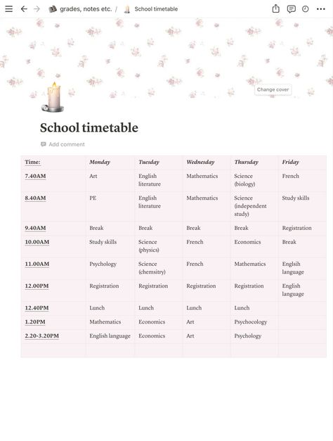 Notion School Notion Page, Notion Schedule, Schedule Notion Template, Coquette Studying, School Schedule Templates, School Notion, Notion Study, Aesthetic Schedule, Organisation Planner