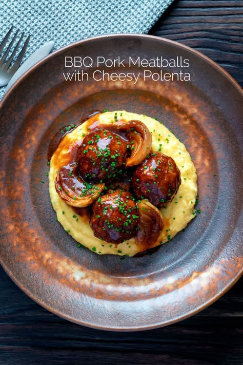 Originally an Italian peasant dish, a cheesy polenta is the perfect side dish for anything from a ragu to cacciatore and meatballs to osso buco! Polenta Porridge, Baked Pork Meatballs, Comfort Food Sides, Beer Bbq Sauce, Cheesy Polenta, How To Cook Polenta, Peasant Food, Fancy Dishes, Pork Meatballs