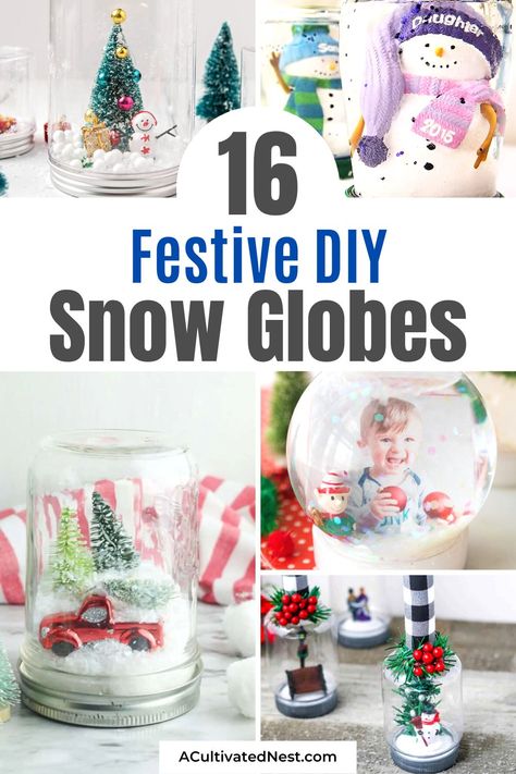 16 Festive DIY Snow Globes- Make your own fun and festive snow globes this winter with these cute DIY snow globe crafts! These make lovely DIY gifts! | #snowglobes #DIY #crafting #diyGift #ACultivatedNest Easy Snow Globe Craft, Waterless Snow Globe Diy, Easy Snow Globes, Diy Snow Globes, Christmas Snow Globes Diy, Homemade Snow Globes, Photo Snow Globes, Globe Diy, Snow Globe Crafts