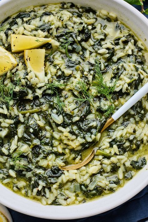 Spinach Brown Rice, Spinach Bowl Recipes, Greek Spinach Recipes, Derek Sarno Recipes, Greek Spinach Rice Recipe, Spanakorizo Greek Rice, Greek Summer Recipes, Spanakopita Rice, Summer Rice Recipes