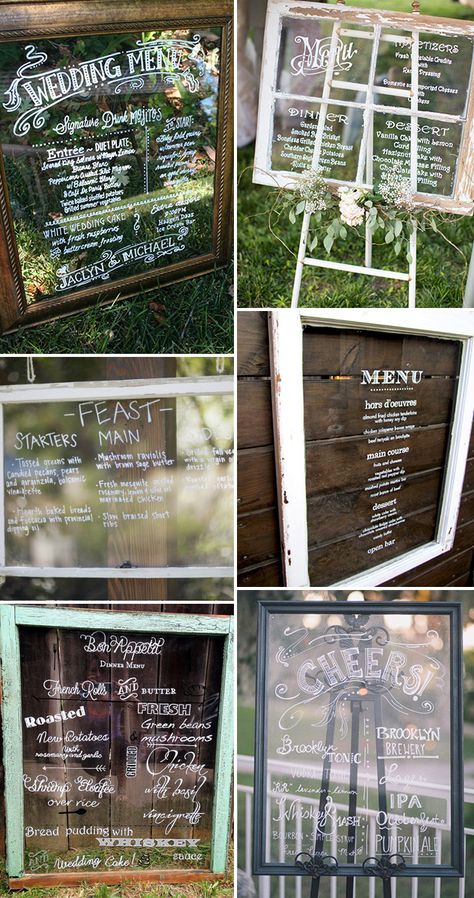 Glass Frame and Window Pane Wedding Menu Ideas | www.onefabday.com Wedding Window Pane Ideas, Window Pane Wedding Decor, Wedding Menu Ideas, Wedding Table Menus, Vintage Wedding Signs, Wedding Mirror, Wedding Table Plan, Hors D'oeuvres, Glass Frame