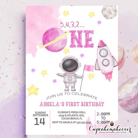 First Trip Around The Sun Invite Space Birthday First Trip Around The Moon Birthday Party, Astronaut Invitation, First Trip Around The Sun, Baby Birthday Themes, Space Birthday Party, Planet Design, Events Ideas, Girls Tea Party, Girl Birthday Themes