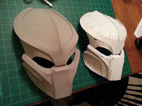 Predator Costume for my 10yr old - Con photos! | RPF Costume and Prop Maker Community Paper Mask Diy, Eva Foam Armor, Cardboard Costume, Predator Helmet, Cardboard Mask, Foam Armor, Prop Maker, Cardboard Sculpture, Iron Man Armor