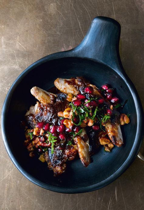 Quails with Burnt Miso Butterscotch and Pomegranate and Walnut Salsa - The Happy Foodie Roast Quail Recipes, Miso Paste Recipes, Roasted Quail, Quail Recipes, Yotam Ottolenghi Recipes, Miso Recipe, Ottolenghi Recipes, Banana Pie, Dinner Party Dishes