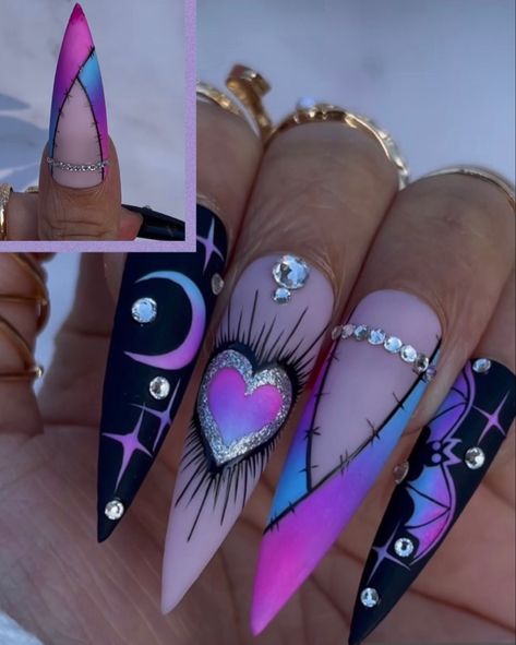 Excision Nails, Tino Vo Nails, Halloween Nails With Rhinestones, Sultry Nails, Spiritual Nail Art, Nail Crystal Designs, Purple Acrylic Nails, Halloween Acrylic Nails, Punk Nails