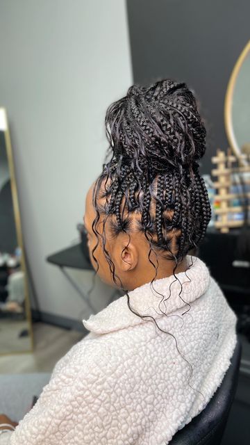 Boho Knotless Braids Styles Bun, Boho Knotless Braids In A Bun, Boho Knotless Braids Bun, Boho Braids Bun, Knotless Braid Bun, Knotless Braids Bun Hairstyles, Styling Boho Knotless Braids, Goddess Braids In A Bun, Messy Knotless Braids