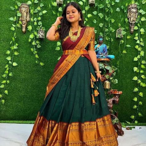 RPVR Narayanapet SINGLES AVAILABLE 😍Pure kanjivaram Silk Zari border with blouse along with pure banarasi Duppta !! Lehanga : 3 meters Blouse :0.80meter self blouse Voni : 2.20 mtr Dark Green Lehenga, Stitched Lehenga, Green Lehenga, Golden Pattern, Ethnic Looks, Lace Border, Half Saree, Lehenga Choli, Wedding Attire