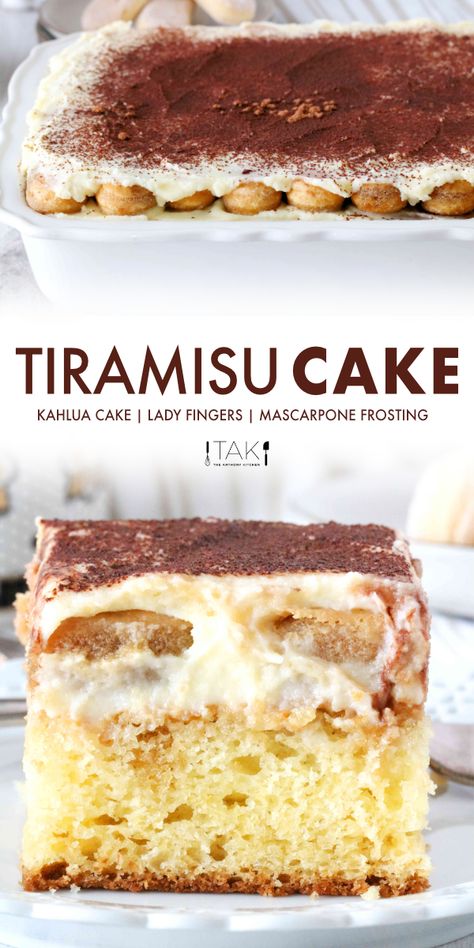 This easy Tiramisu Cake recipe is an Italian show-stopper featuring layer-upon-layer of goodness, beginning with a moist, Kahlua-infused vanilla cake, followed by rich, creamy Mascarpone frosting, coffee-soaked ladyfingers, and a finishing sprinkle of cocoa powder. It's cool, rich, creamy, and most importantly, delicious. The perfect party dessert for birthdays, holidays, and more! Easy Tiramisu Cake, Vanilla Sheet Cake, Boozy Cakes, Tiramisu Recipes, Dessert Mascarpone, Best Tiramisu, Kahlua Cake, Tiramisu Cake Recipe, Easy Tiramisu