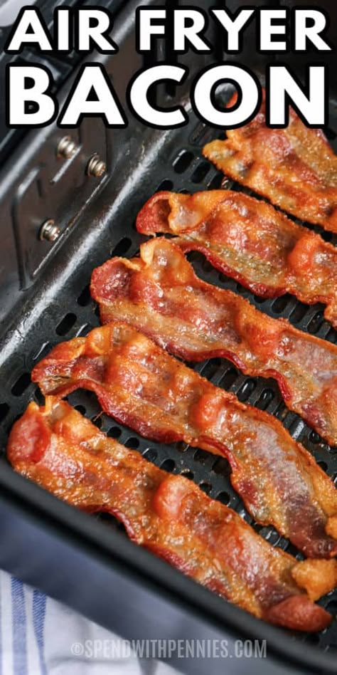 Air Fryer bacon comes out crisp and ready to add to your favorite sandwiches, salads, or side dishes. Try making bacon in the Air Fryer, and you'll never go back to pan-frying.  #spendwithpennies #airfryerbacon #recipe #breakfast #easy #time #crispy #wrapped #keto #best Bacon In Air Fryer, Power Xl Air Fryer, Air Fryer Recipes Bacon, Air Fry Bacon, Air Fryer Bacon, Bacon Grilled Cheese, Bacon Wrapped Scallops, Air Fryer Foods, Air Fryer Breakfast