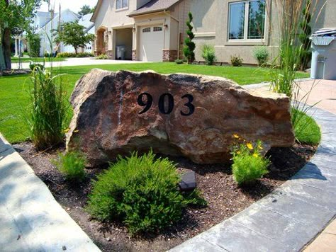 Address Stone Address On Rock House Numbers, Address Boulder Landscape, Ranch Address Sign Ideas, Driveway Entryway Landscape Ideas, Rock House Number, Address Display Ideas Front Yards, Driveway Entrance Landscaping Rocks, Rock Entryway Front Entry, Stone Address Marker Rocks