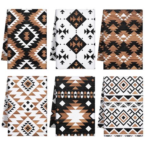 PRICES MAY VARY. Western Aztec Towels: you will receive 6 pcs of (21 x 14 inches/ 54 x 36 cm) southwestern kitchen towels, the kitchen towels are mainly designed in brown and black grid, printed with geometric pattern, bright and lively, cute and adorable, can bring you a good mood when using Experience the Durability and Texture: our kitchen towel, crafted out of the microfiber, which ensures a long usage while offering cleanliness; The microfiber offers high absorption capacity, making these t Modern Western Kitchen Ideas, Aztec House Decor, Aztec Home Decor Southwestern Style, Aztec Bathroom Decor Ideas, Western Boho Kitchen, Aztec Bathroom Decor, Modern Boho Kitchen Decor, Black And White Aztec Bathroom, Western Kitchen Ideas