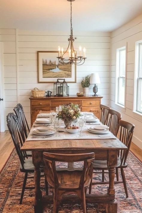 The Warmth of Wood & More Farmhouse Dining Room Storage, Old Farmhouse Inspiration, Traditional Home Decor Dining Room, Barndominium Dining Room Ideas, Rustic Farmhouse Aesthetic, Farmhouse Small Dining Room, English Cottage Style Dining Room, Old Farmhouse Dining Room, Open Dining Room Ideas