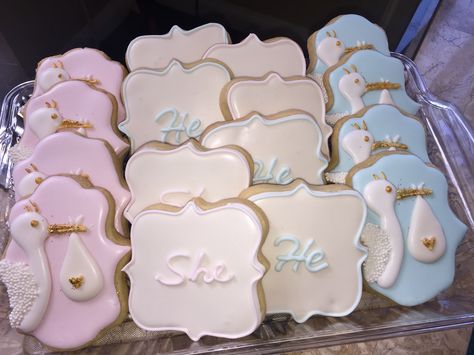 Gender reveal Stork sugar cookies Stork Gender Reveal Party, Heaven Sent Gender Reveal, Gender Reveal Cookies Ideas, Cookie Gender Reveal, Stork Gender Reveal, Gender Reveal Sugar Cookies, Couples Baby Shower Ideas, Cookies Gender Reveal, Baby Shower Brunch Food