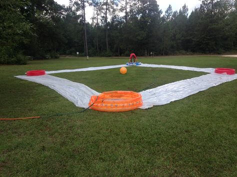 Slip N Slide Kickball - Outdoor games Diy Slip And Slide, Slip And Slide Kickball, Field Day Games, Outdoor Slide, Outdoor Party Games, Outside Games, Slip N Slide, Summer Bash, Water Games For Kids