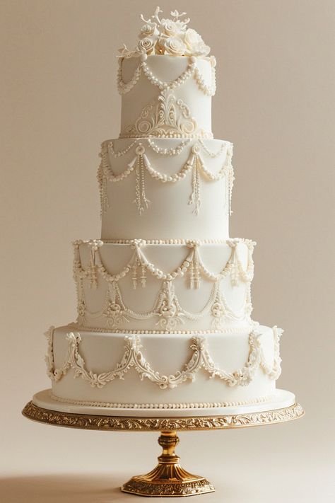 Gilded Age Wedding Theme, Vintage Cakes Wedding, Vintage Piped Wedding Cake, European Wedding Cake, 1950s Wedding Cake, Vintage Wedding Cakes Elegant, Old School Wedding Cakes, Royal Cake Design, Victorian Cakes Vintage