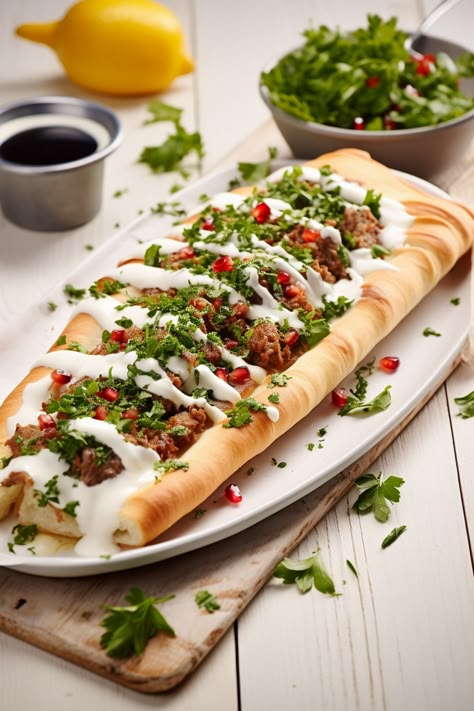 Indulge in a Royal Feast: Turkish Pide with Spicy Lamb & Feta, Lavishly Drizzled with Yogurt Sauce Turkish Pide Recipes, Pide Photography, Turkish Food Photography, Pide Recipe Turkish, Turkish Dinner, Mincemeat Recipes, Pide Recipe, Pide Bread, Oil Photography