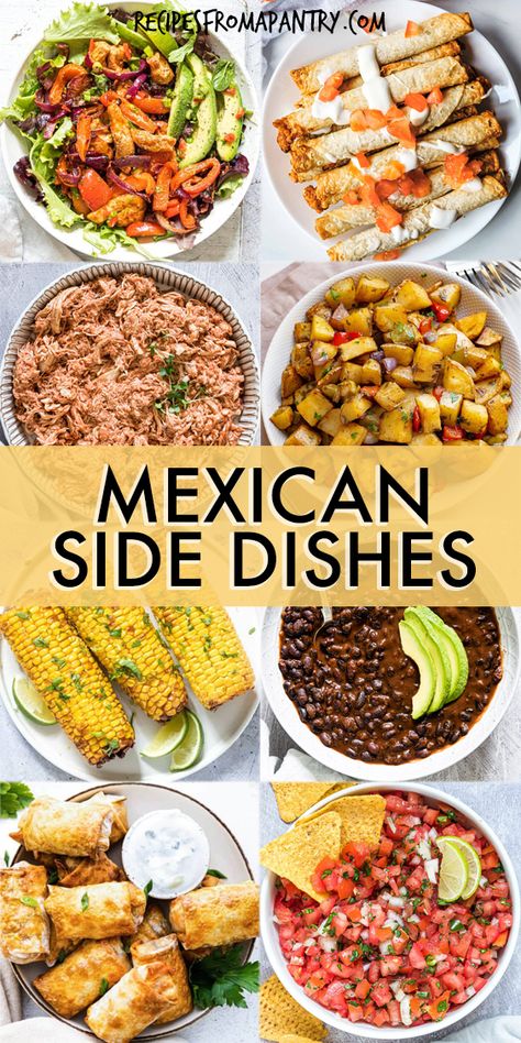 Cooking up an awesome Mexican fiesta or Cinco de Mayo parties and need some the easy Mexican side dishes to serve with it? Or just looking for some fajitas side dishes, enchilada side dishes or sides for tacos, for your taco Tuesdays, Cinco de Mayo, or weeknight dinner? Then I got you this list of easy Mexican sides including potatoes, beans, rice, guacamole, dips, chips, tortillas and more. #mexican #sides #recipes #taco #fajita #enchiladas Side Mexican Dishes, Mexican Side Recipes, Side Dish For Mexican Food, Fajita Sides Dishes, Fiesta Side Dishes, Easy Mexican Side Dishes, Healthy Mexican Side Dishes, Mexican Vegetable Sides, Mexican Food Side Dishes