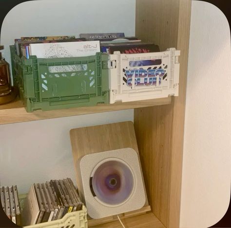 Muji CD player Ikea tablet stand Hay crates Wall Cd Player, Muji Cd Player, Cd Setup, Cd Player Aesthetic, Hay Crates, Fangirl Room, Cd Stand, Room Revamp, Music Corner