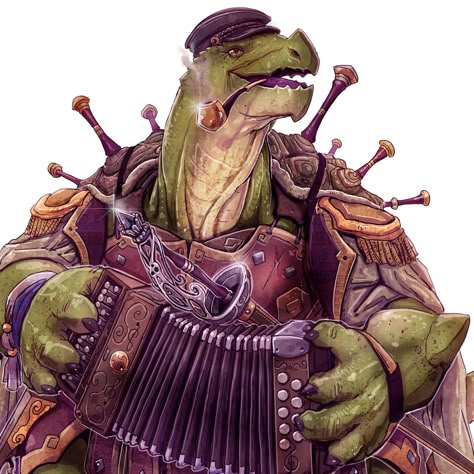 Dungeon Crawler Carl Fanart, Dnd Shop Keeper Art, Locathah Dnd, Funny Dnd Characters, Eberron Character Art, Bard Character Design, Tortle Dnd, Halfling Dnd, Orc Bard